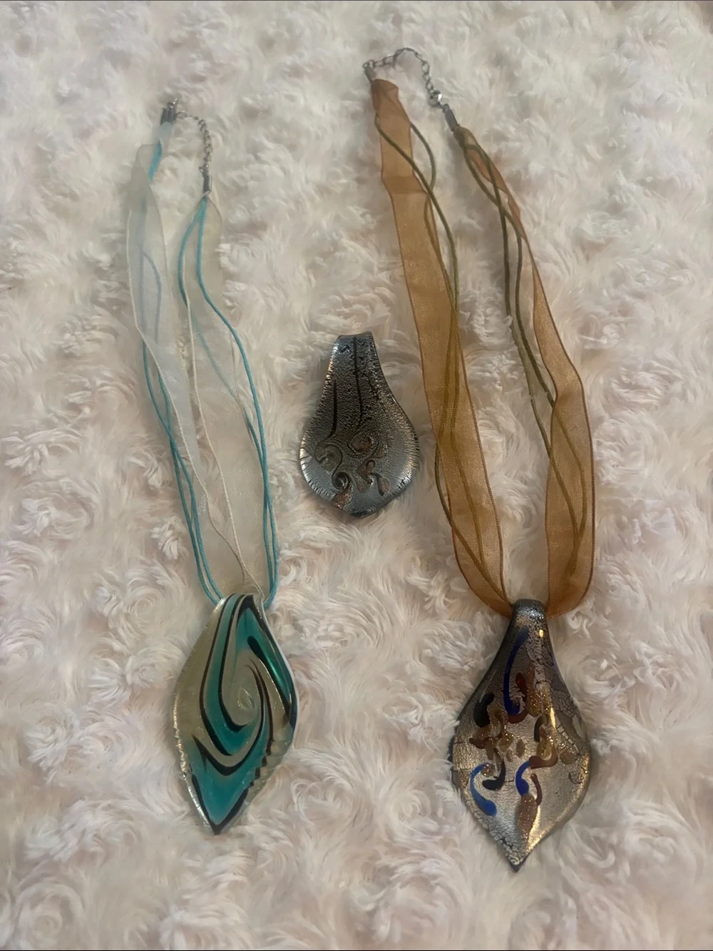 Glass charms with ribbon and fine rope necklaces